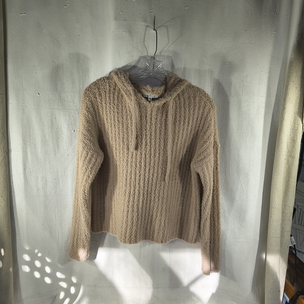 Cloud Chaser Elegant Tan Women's Size Small Hooded V Neck Long Sleeve Sweater